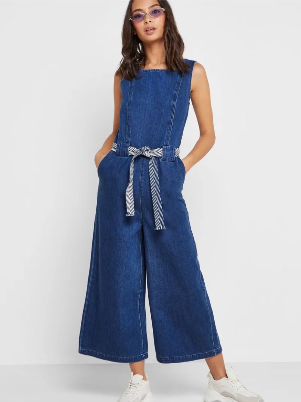 Only Blue Wide-Leg Denim Jumpsuit with Striped Tie Belt